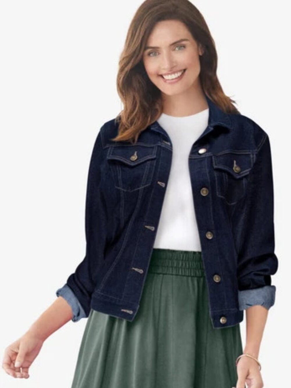 Woman Within Dark Blue Denim Jacket with Pink Label